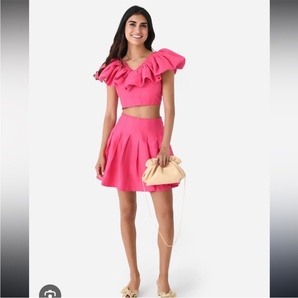 Aje Bubble Flounce Crop Top & Sheila Frayed Pleated Mini Skirt Set in Hot Pink